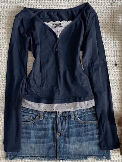 Blusa de manga larga con estampado de lunares, parches de gasa y decoración de lazo, de estilo casual y elegante para mujer