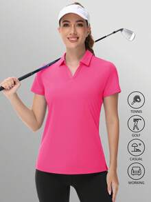 KEFITEVD Women's Golf Polo Shirts V Neck UPF 50+ Collared Short Sleeve Tennis Shirt Lightweight Quick Dry Sun Protection Shirts - 玫紅色 - 查看 3