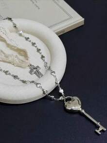 2件套 Y2K 白色蕾丝交叉带钥匙项链，女士甜美酷炫爱心双层项链，时尚派对饰品礼物 - 項鍊 - 查看 6