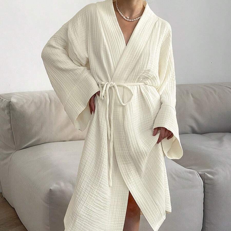 1件杏色純棉超薄女款浴袍，柔軟吸水耐穿浴裙，可愛女款浴裙，簡約日常浴裙，浴室用品，浴室配件，女款浴巾式浴袍，鈕扣開襟快乾輕量浴袍套裝