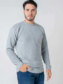 Men's Knitted Sweater, Single Color, Crew Neck, Casual Winter, Plain - 淺灰色 - 查看 2