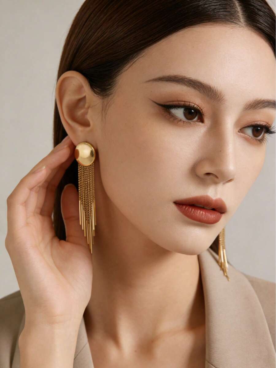 1对金属链条流苏吊坠耳环，优雅简约风格时尚耳环，女士饰品 - 金黃色1 - 查看 1