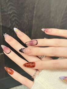 10 Stücke Ramadan rosa lila Blumen Acryl Aufklebe-Nägel, nude Farbverlauf mit goldenen Sternen & bernsteinfarbene Nägel, französische Nagelspitzen, mittellanges mandelförmiges Kunstnägel-Set, DIY Nagelkunst Zubehör, wiederverwendbar, mit Gelee-Kleber und Nagelfeile, geeignet für den täglichen Gebrauch, handgefertigt - Verschiedenfarbig - Übersicht 2