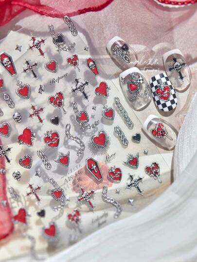 Punk Heart-Shaped Nail Stickers, Antique Silver Chain Nail Decals, Red Hearts, Skulls, And Cross-Shaped Nail Art Decorations