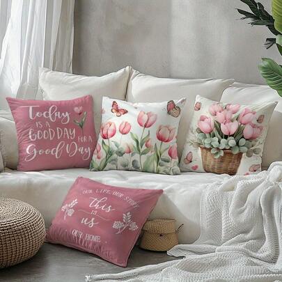 4件套单面印花枕套，粉色郁金香花卉图案，两种尺寸：17.71英寸 x 17.71英寸/45厘米 x 45厘米，19.69英寸 x 19.69英寸/50厘米 x 50厘米，适用于客厅、卧室、沙发、椅子、家居装饰、靠垫套、枕套（不含枕芯）