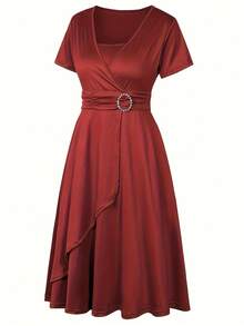 2026 Best Selling Fashionable Temperament Chic Plus Size Asymmetrical Hem V-Neck Dress Party Evening Dress Women's Evening Dress Mini Dress  Elegant    Asymmetrical  Wrap  Ring    Wedding - 酒紅色 - 查看 4