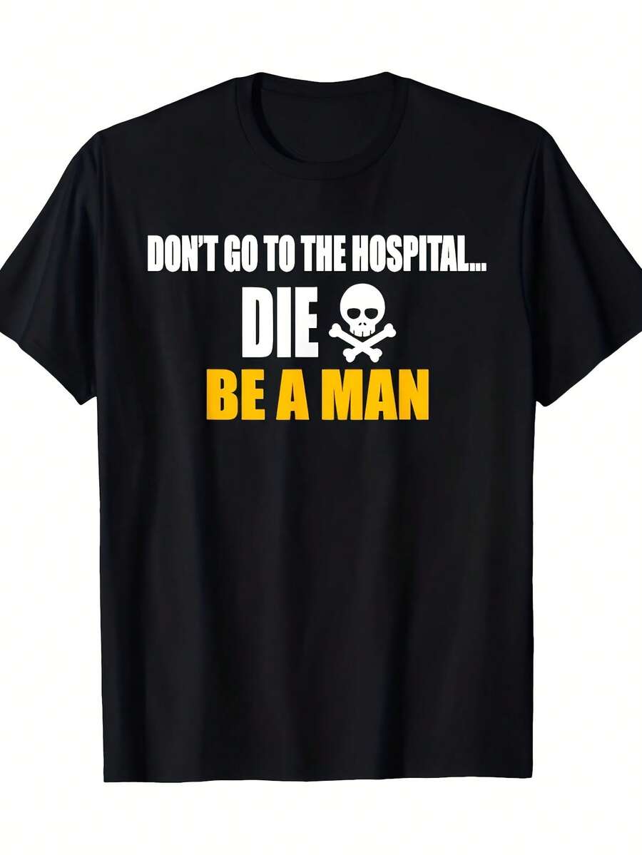 Camiseta gráfica "Don't Go to the Hospital Die Be a for Man" para hombre, negra con estampado de calavera blanca y amarilla, corte regular, manga corta, informal, lavable a máquina, camiseta llamativa. - Negro 22 - Ver 1