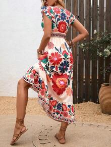 New Autumn Lightweight V-Neck All-Over Cute Leaf & Floral Print Bohemian Casual Pleated Ruffle Hem Waist Splice Maxi Dress, Suitable For Music Festivals, Women's Holidays, Country Music Concerts, Graduation, Parties, Back To School, Teacher's Day, Halloween, Christmas - 薄荷綠 - 查看 10