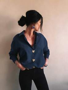 Women's Elegant Casual Minimalist Striped Heart Button Basic Shirt, Suitable For Commuting, Business, Party, And Daily Wear In Autumn/Winter Spring - Navy Blue - View 2