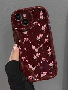 百合花卉奶油色波浪边酒红色简约防震加厚手机保护壳，兼容 17/17 Pro/17 Pro Max、16 XR/7/8、15 Pro Max、12 Pro Max、13 Pro Max、14 Pro Max、13、14、11、12P、14、P11 软壳、P12 防震、XS、XR、7/8P、7/8 GES2 - 彩色 - 查看 3