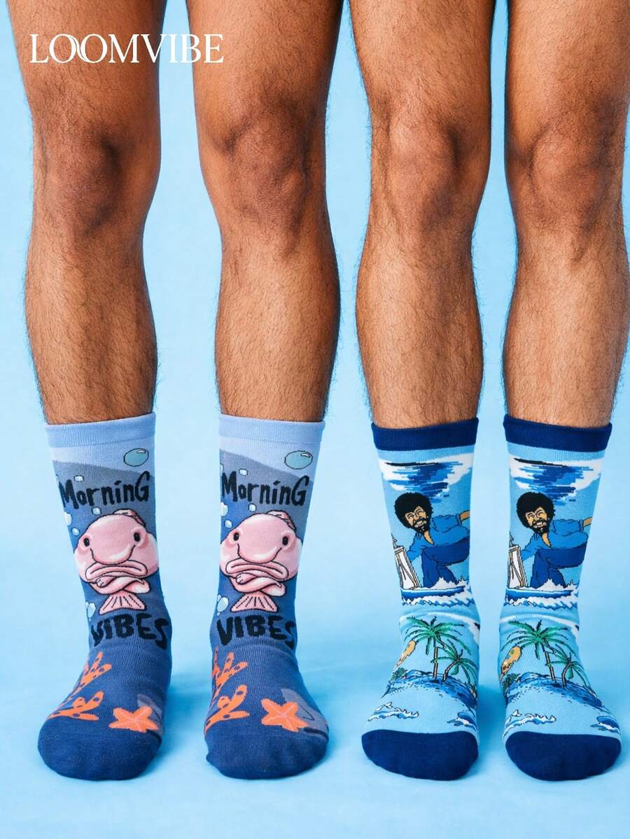 Unisex 2 Packs Fun Ocean & Island-Themed Viral Knee-High Socks: Blobfish/Morning Vibes + Surfing/Island Elements | Sweat-Absorbent & Odor-Resistant, Soft & Playful! Ideal Gift For Ocean & Summer Lovers – Perfect For Daily Casual/Themed Events - Multicolor - View 1