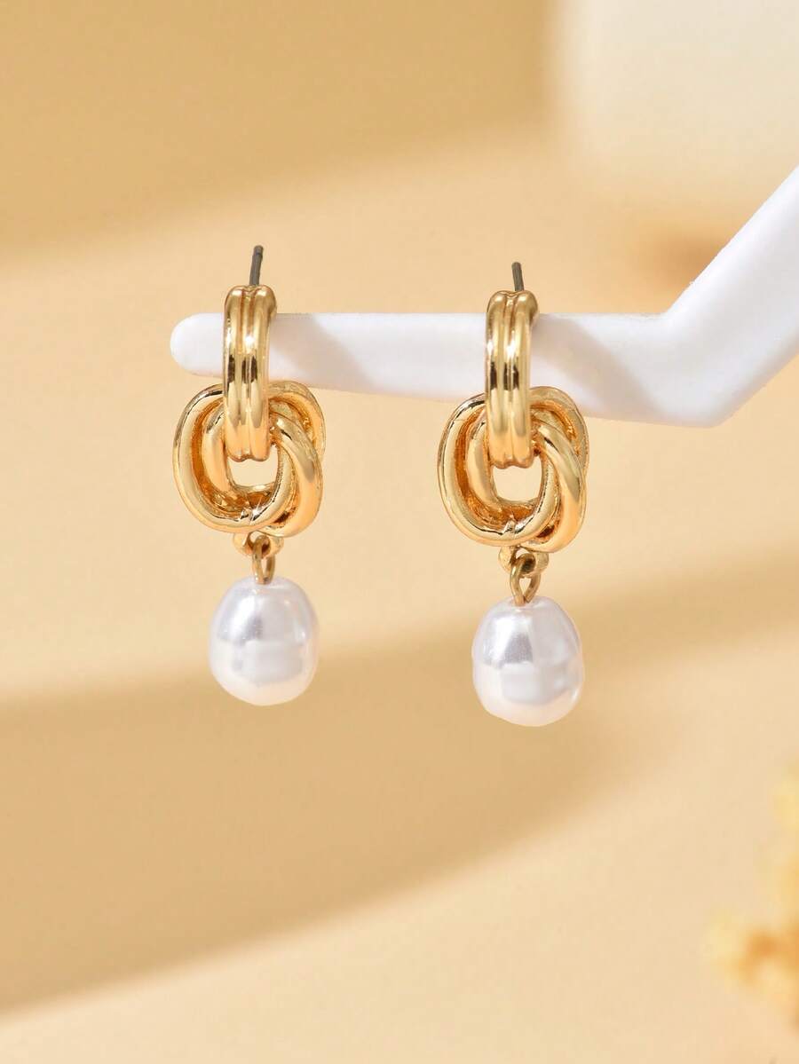 1 Pair Fashionable Faux Pearl Twist Knot Hoop Earrings, Suitable For Parties And Daily Wear - Multicolor - View 1