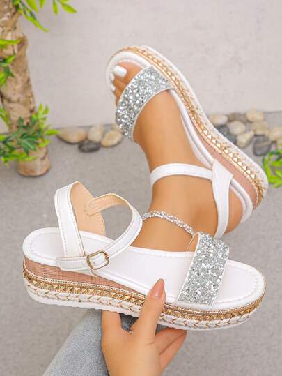Giày sandal đế xuồng quai ngang đính đá, kiểu dáng thời trang mùa hè mới, cỡ lớn 36-43, màu vàng/trắng, nhẹ và thoải mái, thích hợp cho hoạt động ngoài trời.