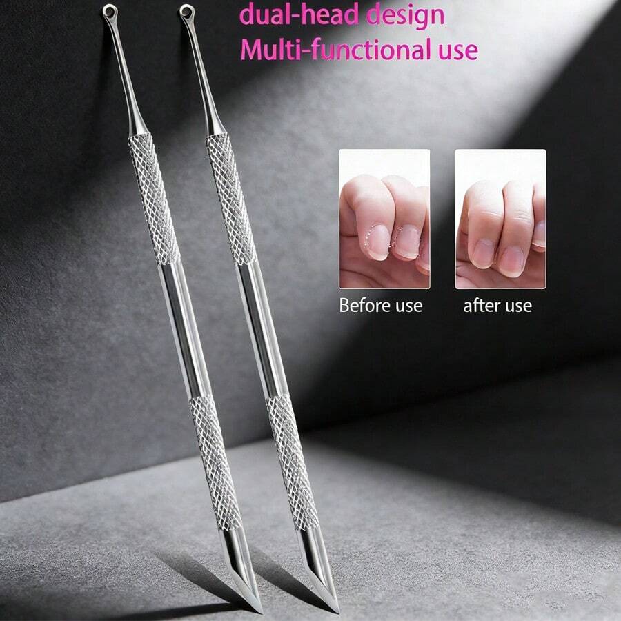 2件/1件装金属银色双头角质层推剪/修甲器，沙龙级不锈钢凝胶指甲油刮刀，耐用专业美甲修脚清洁工具，适用于手指甲和脚趾甲 - 銀 - 查看 1
