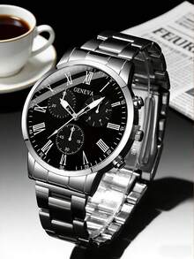 3-Piece Luxury Business Men's Watch Set, Including Black Dial Roman Numeral Quartz Watch, Black Embossed Leather Wallet, And Black Leather Keychain With Silver Ring. Multi-Functional Chronograph Design, Radiating Steady And Elegant Charm. Suitable For New Year Commute, Business Meetings, Daily Outings, And Various Occasions. - Silver - View 2