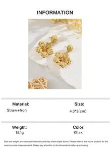 1 Pair Handmade Woven Rattan Colorful Floral Boho Style Earrings, Unique Design Minimalist High-End Floral Tassel Earrings Suitable For Women's Daily, Vacation, Party Wear (Handmade With Minor Imperfections) - Khaki - View 5