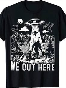 Men'S Retro Cryptid T-Shirt - Bigfoot And Local Legend Cryptid Patterned Short Sleeve Shirt, Casual Everyday Wear And Mysterious Zoology Activities Suitable, Comfortable Fit - 黑色 - 查看 1