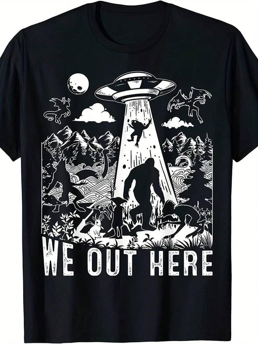Men'S Retro Cryptid T-Shirt - Bigfoot And Local Legend Cryptid Patterned Short Sleeve Shirt, Casual Everyday Wear And Mysterious Zoology Activities Suitable, Comfortable Fit - 黑色 - 查看 1