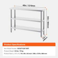 Mesa de Preparación de Alimentos 356x1219x864 mm Mesa de Trabajo de Cocina Comercial de Acero Inoxidable con 2 Estantes Inferiores Ajustables Mesa de Preparación para Parrilla, Cocina, Hogar - 356 x 1219 x 864 mm - Ver 7