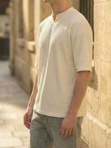 2026夏季新款青年男士宽松上衣，休闲学院风T恤，宽松版型，落肩七分袖，适合年轻学生，杏色T恤 - 杏色 - 查看 2