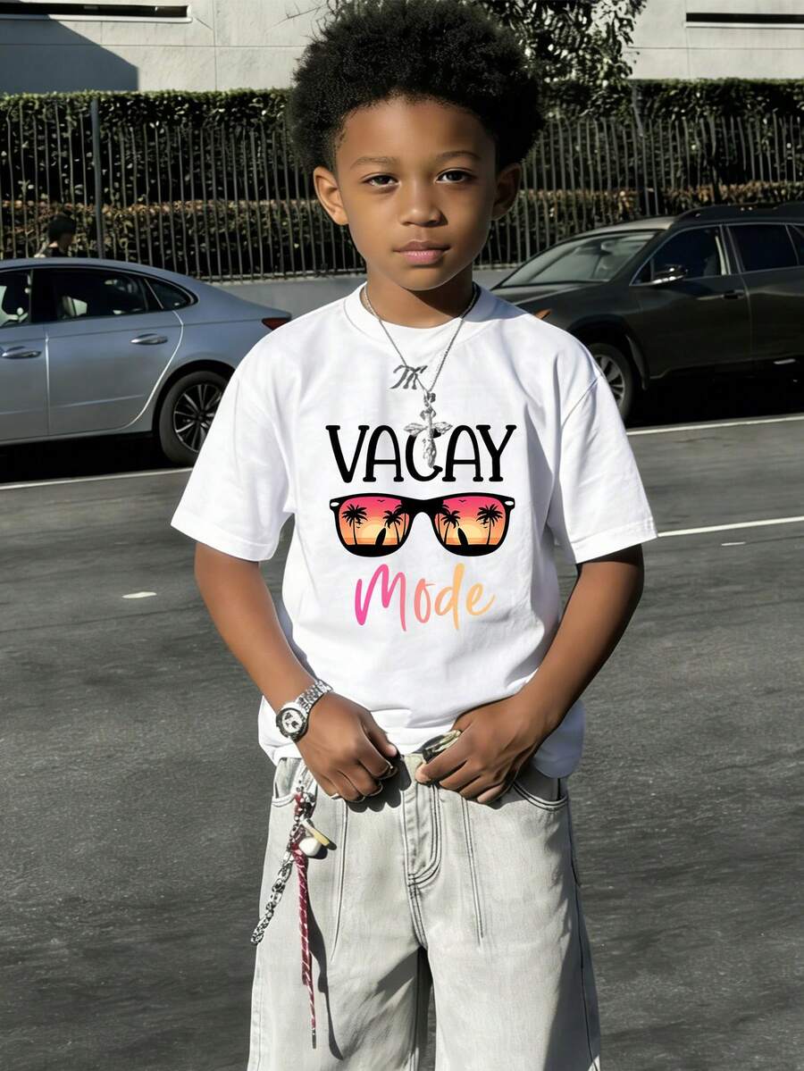 Boys & Teens' Casual Graphic Print Round Neck Short Sleeve T-Shirt, Summer Top - 白色 - 查看 1