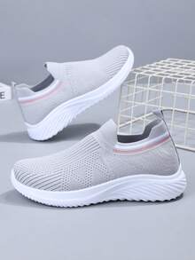 女士透气网面休闲运动鞋，防滑软底一脚蹬舒适妈妈鞋，圆头宽松休闲鞋，适合日常行走，弹性鞋口，春夏款 - 淺灰色 - 查看 9