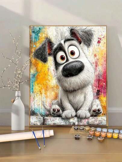 40x50厘米/15.7x19.69英寸 DIY数码油画套装，可爱卡通小狗图案，适合初学者和手工爱好者，可用于装饰客厅、卧室、书房等室内空间，是圣诞节、新年、情人节、复活节的理想手工礼物。