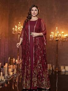 SUPGIR Đầm Abaya dài tay bằng vải lưới cỡ lớn dành cho nữ, kèm thắt lưng đính sequin, thích hợp cho mùa xuân. - Màu Đỏ Sâu - Xem 5