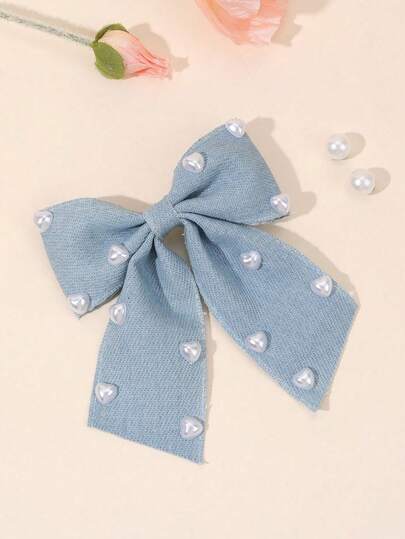 1pc Denim Bow Hair Clip For Girls, Cute Blue Bow Alligator Clip, Elegant Pearl Bow Hairpin, Spring & Summer Adorable Hair Styling Tool. Hair Barrettes Suitable For Braids, Ponytails, And Buns. Headdress Perfect For Street Wear, Holiday Party, Spring Getaways, Party, Sweet Girls' Hair Accessory. Girly Hair Ornament, In Denim Gray-Blue Bow Design.
