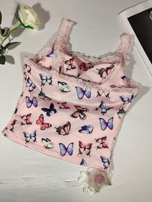 Versatile U-Neck Pink Sexy Lace Patchwork Camisole, Fitted Breathable Outer/Inner Wear Racerback Casual Tank Top With Chest Pads - Pink - View 8