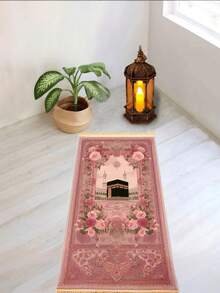 1pc Elegant Floral Prayer Mat - Soft Flannel, Machine Washable, Rectangular Comfort Mat With Golden-Lit Mosque Design For Indoor - Multicolor - View 3