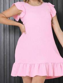 Women's Midi Dress With Ruffled Puff Sleeves, Princess Style, Plus Size - Màu Hồng baby - Xem 2