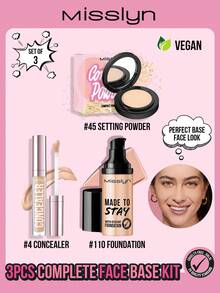 MISSLYN-3件套完整底妆套装，包含粉底液、粉饼和遮瑕膏，轻薄控油粉饼，哑光无瑕持久定妆粉，肌肤聚焦高遮瑕粉底液 - #Set 1 - 查看 1