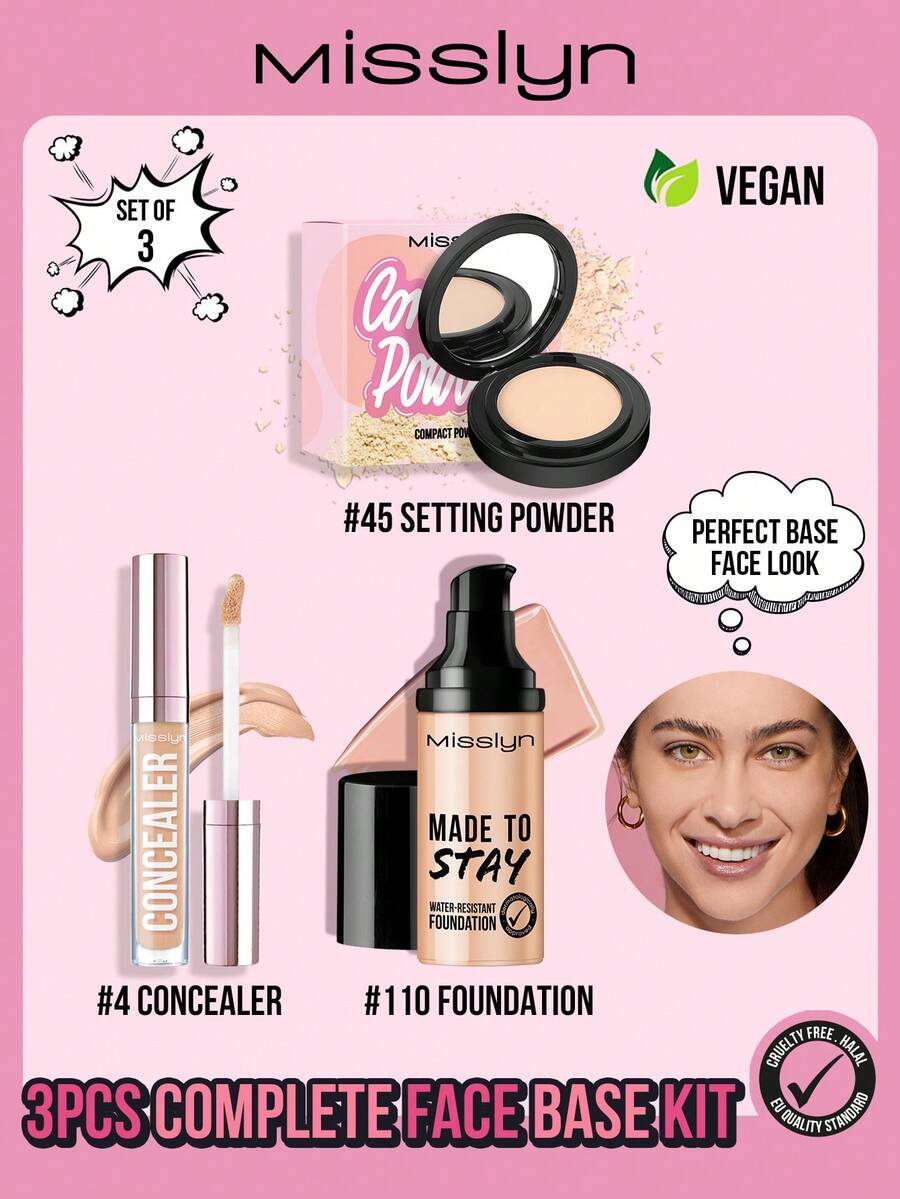 MISSLYN-3件套完整底妆套装，包含粉底液、粉饼和遮瑕膏，轻薄控油粉饼，哑光无瑕持久定妆粉，肌肤聚焦高遮瑕粉底液 - #Set 1 - 查看 1