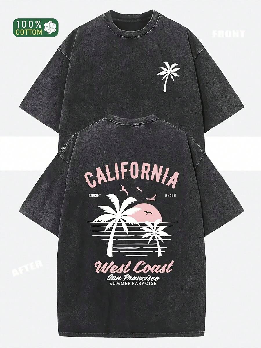 230g Heavyweight Washed Vintage T-Shirt For Women - Loose Fit Round Neck Short Sleeve, California Beach Surf And Palm Tree Print, Light Pink And White Casual Summer Wear, Machine Washable Vintage Surf Style Top Suitable For Spring/Summer Outfits - Unisex, Comfortable Cotton, Vintage Heavyweight Washed Loose T-Shirt - màu đen - Xem 1