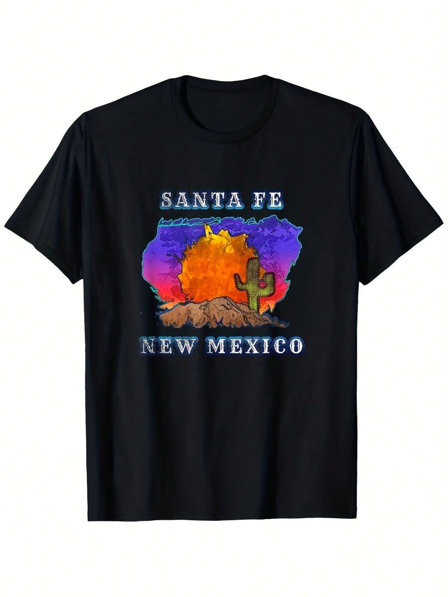 Camiseta para hombre con paisaje desértico de Santa Fe, Nuevo México. Camiseta informal negra con gráfico vibrante del atardecer del suroeste. 100 % algodón, 180 g, tejido transpirable. Talla regular: tallas S-XXXL. Cactus y adobe. - Negro 30 - View 1