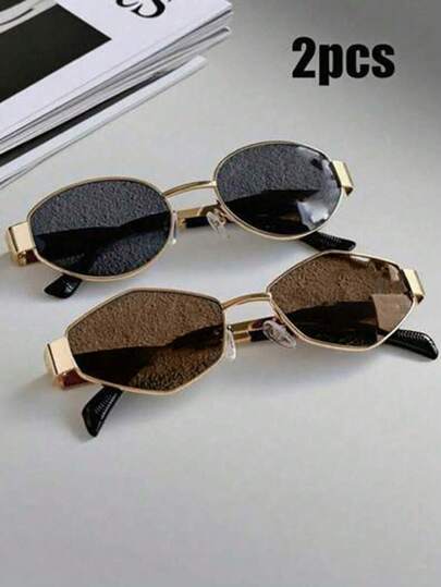 1 set van 2 ronde en ruitvormige zomerbrillen, retro ovale, veelhoekige en driehoekige metalen monturen, decoratieve brillensets voor straatfotografie en woon-werkverkeer.