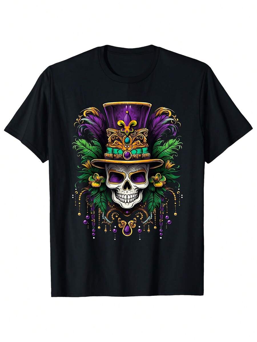 Personality Black Skull Pattern Cotton Short Sleeve T-shirt.Suitable for wearing in spring and summer, T-shirt is a casual and y short-sleeved top - Negro - Ver 1