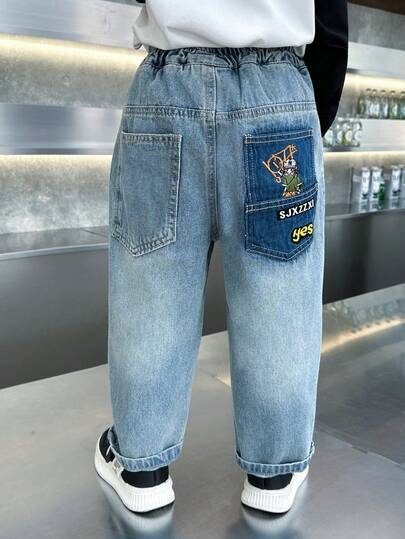 Toddler & Little Boys' Loose Fit Graffiti Print Denim Jeans, Suitable For Casual, School, Outdoor Wear, Spring