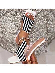 女士时尚斑马纹超高跟鞋，适合户外、海滩、派对等场合穿着 - 黑與白 - 查看 3