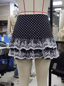 Women Polka Dots Piano Mini Skirts Y2k Pleated Lace Trim Cute Short Skirt Harajuku Grunge Black White Spliced Skirt Coquette Aesthetic Clothes Streetwear - 黑色 - 查看 5