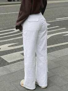 Stylish Denim Wide Leg Long Pants For Women With Drawstring, Zipper, And Pockets White - White - View 3