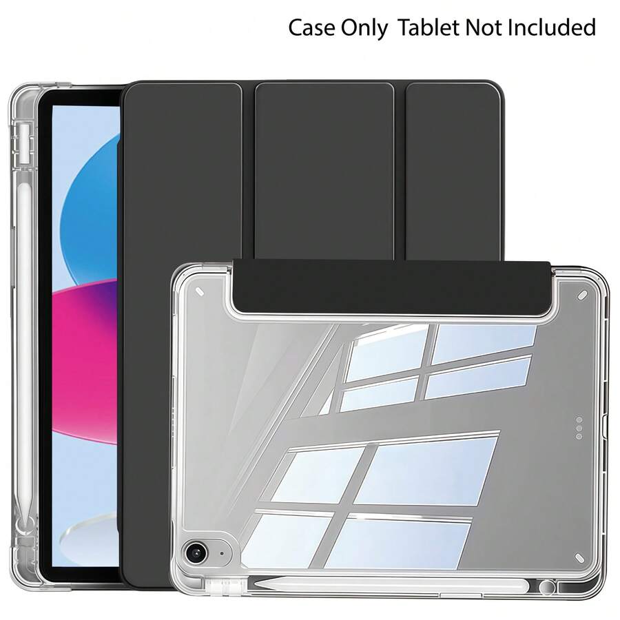 PHYLYN 1 pieza Estuche protector de acrílico transparente de 3 pliegues adecuado para iPad 10th/11th (A16) con ranura para lápiz, placa posterior transparente, alta transparencia, adecuado para creación personal - Negro - Ver 1