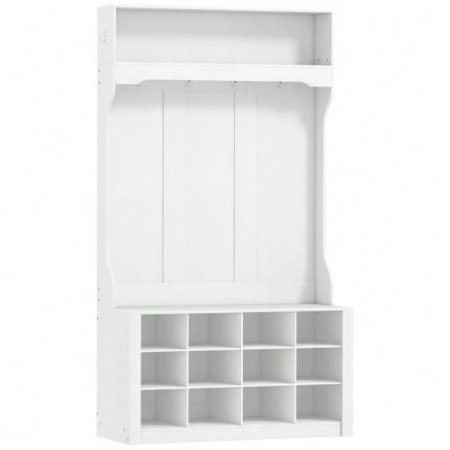 Wardrobe With Shelf, Bench, Hooks, Shoe Compartments, Particleboard, MDF, White - White - View 1
