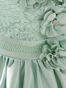 Young Girls' Round Neck Shoulder Cutout 3D Floral Trim Satin Elegant Piano Recital Formal Dress, Suitable For Weddings, Birthdays, Parties, Formal Occasions, Celebrations, Does Not Include Headband - Mint Green - View 8