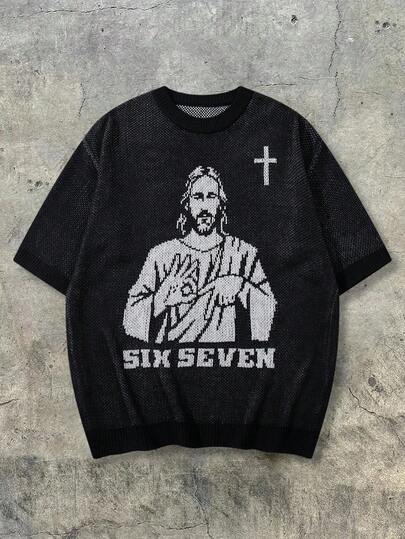  ANDREILEE Spring/Summer Men's Casual Street Style Versatile Commute Godfather 67 English Graphic Loose Comfortable Contrast Color Crew Neck Short Sleeve Knit Sweater, Black