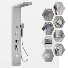 Panel de Ducha de Níquel Cepillado – Sistema 6 en 1 con Lluvia Tropical, Cascada, Ducha de Mano, 2 Jets Corporales y Salida para Bañera – Juego de Ducha Moderno para Baño Montado en Pared - Plateado - Ver 2