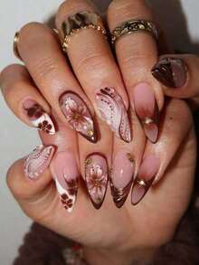 24pcs Almond Shaped 3D Gel Nail Stickers, Floral Nail Art Design, French Tip Style, Medium Size Metal Cross Decor, Pearl Accent, Perfect For Acrylic Nail Tips, Includes: 1pc Jelly Gel And 1pc Nail File. Almond Shaped French Nail Stickers, Suitable For Women's Daily Work, Festivals And Parties. - 棕色 - 查看 4