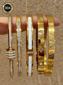 18K Gold Plated Women's Fashion Shiny Classic Bracelet Set, Luxury Quality, Full Diamond Sparkling Bracelet, One Diamond One Flower Design, Rotatable Roman Bracelet Set, Suitable For Daily Wear, Parties, Beach Vacation, Versatile Accessory, Ideal Gift For Birthday, Valentine's Day, Anniversary, Mother's Day, Graduation - Gold - View 2