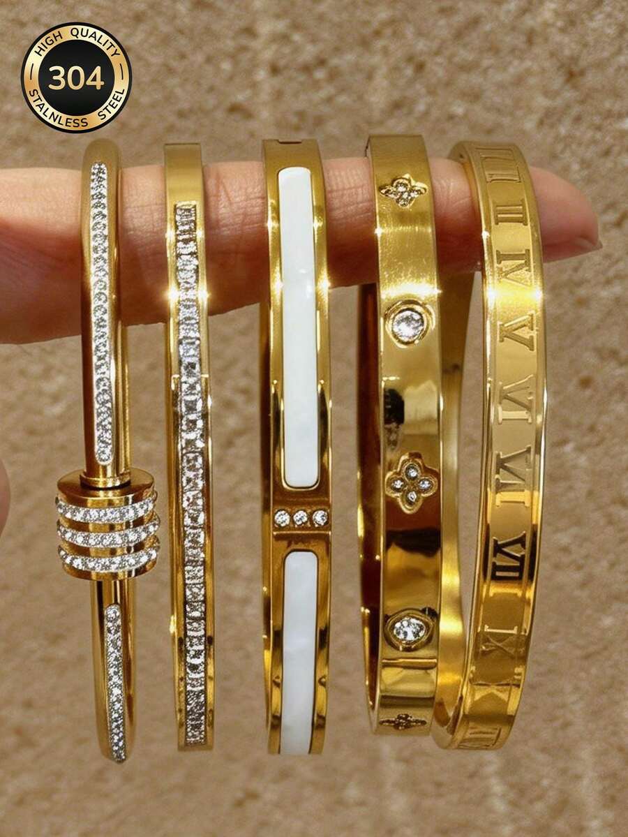 18K Gold Plated Women's Fashion Shiny Classic Bracelet Set, Luxury Quality, Full Diamond Sparkling Bracelet, One Diamond One Flower Design, Rotatable Roman Bracelet Set, Suitable For Daily Wear, Parties, Beach Vacation, Versatile Accessory, Ideal Gift For Birthday, Valentine's Day, Anniversary, Mother's Day, Graduation